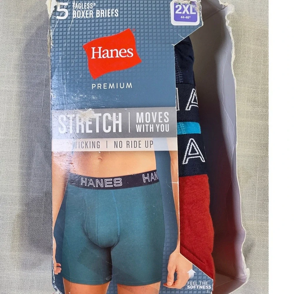 Hanes Premium Mens 5 Pack Stretch Boxer Briefs 2XL 44-46 Tagless Wicking Multi
